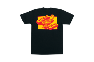 Black t-shirt, back, with orange and yellow scorpion design and Caffe Vita logo