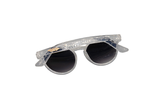 Clear sunglasses, back, with gold Vita logo on left arm