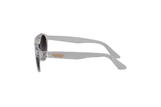Clear sunglasses, side, with gold Vita logo on left arm