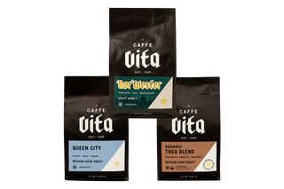 12oz bags of Nor'Wester, Queen City, Theo Blend front, no background. 