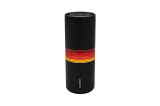 Black thermos with red and yellow stripes on back.
