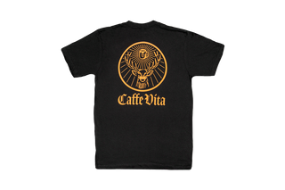 Black t-shirt, back, with yellow deer and coffee cup design and Caffe Vita Est 1995