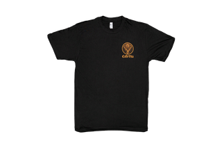 Black t-shirt, front, with yellow deer and coffee cup design and Caffe Vita on left breast pocket