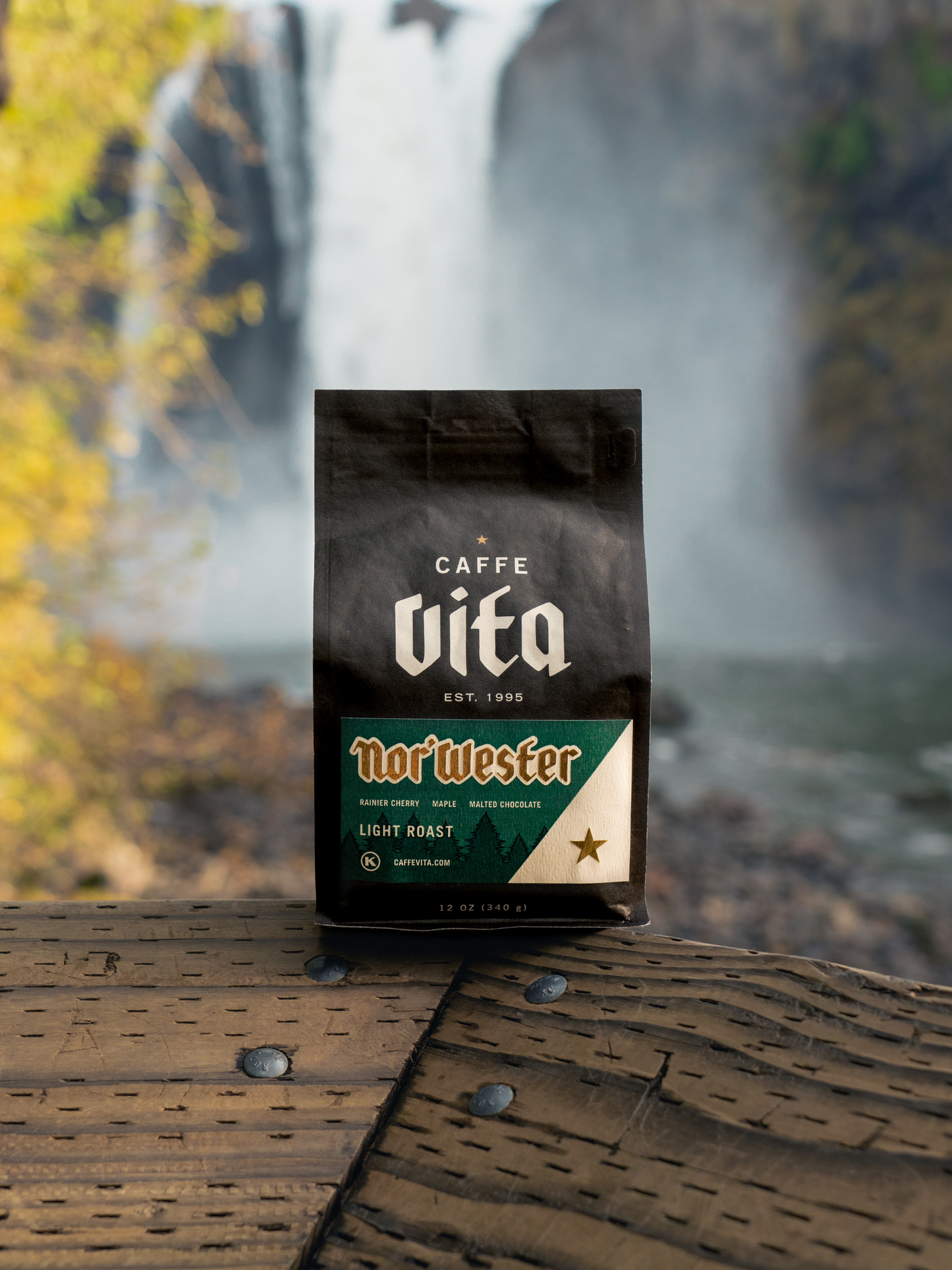 Norwester 12oz Bag in front of waterfall